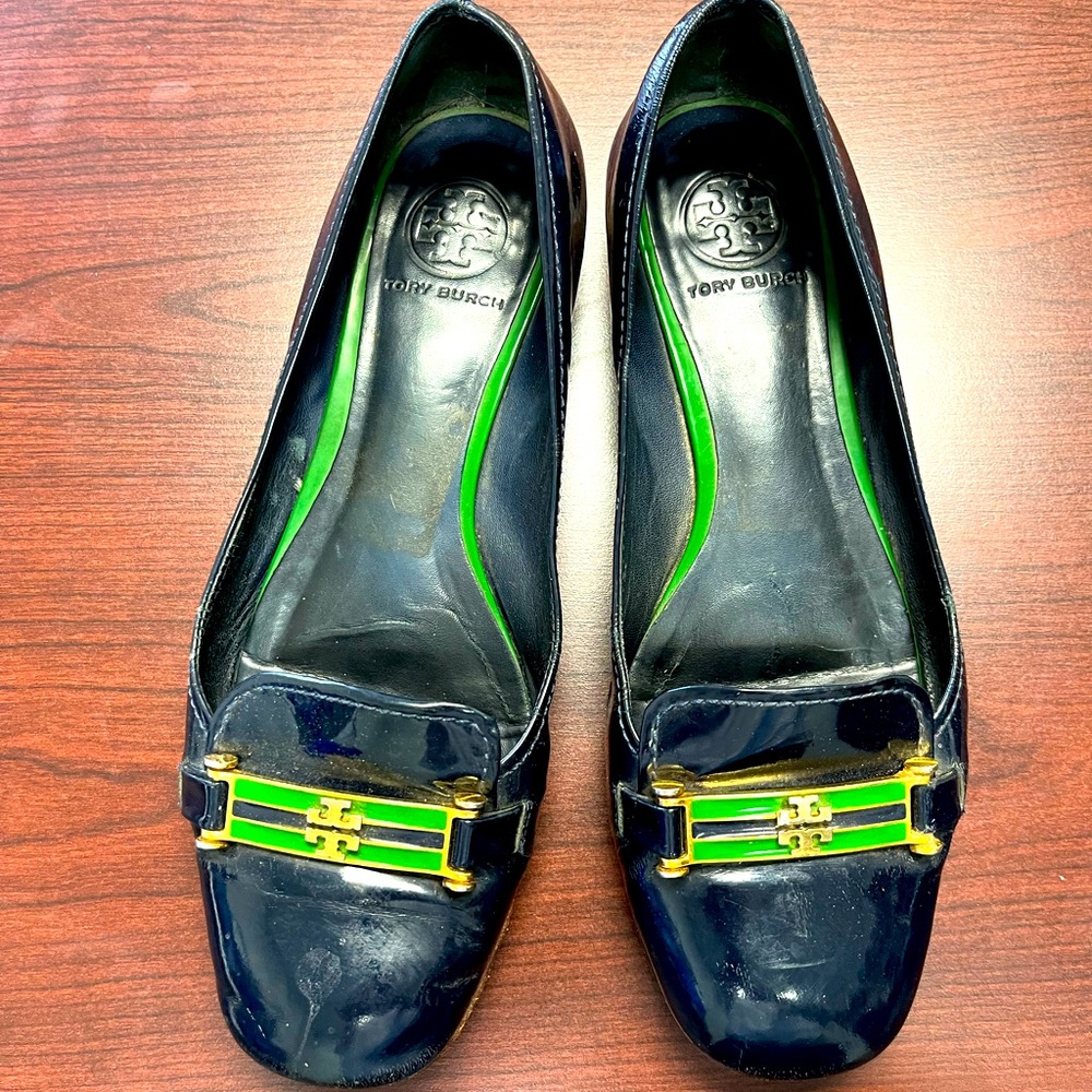 Tory Burch Navy and Green Flats